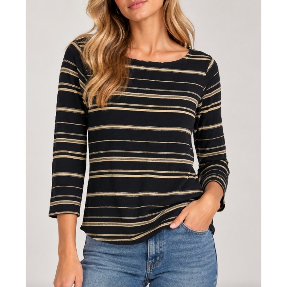 NEW Lauren Ralph Lauren Petite Black Gold Metallic Striped Boat Neck Top L-PT